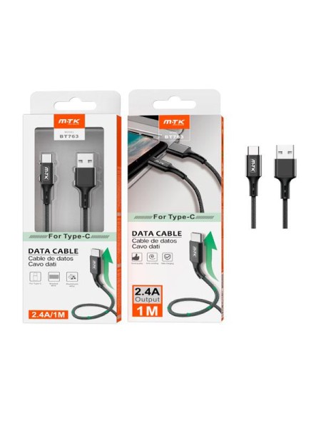 Cable datos USB 2.0 a Type-C / 1m / 2.4a / Aluminio / Trenzado / Bt763 / Negro / MTK