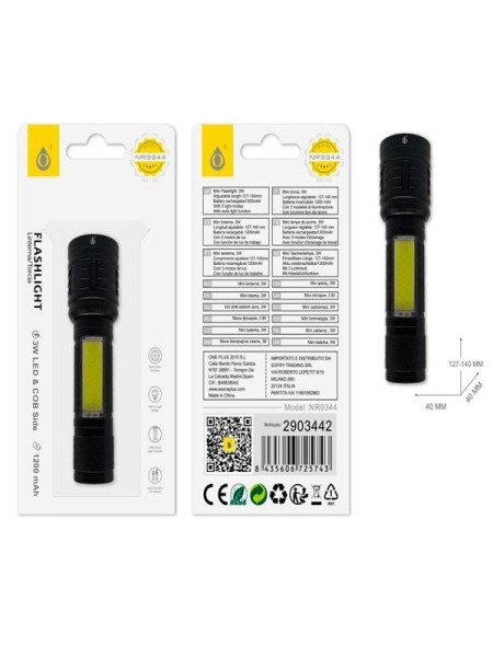 Linterna LED NR9344  / luz lateral / funcion zoom / 3 modos de luz / Bateria recargable 1200mAh / Negro